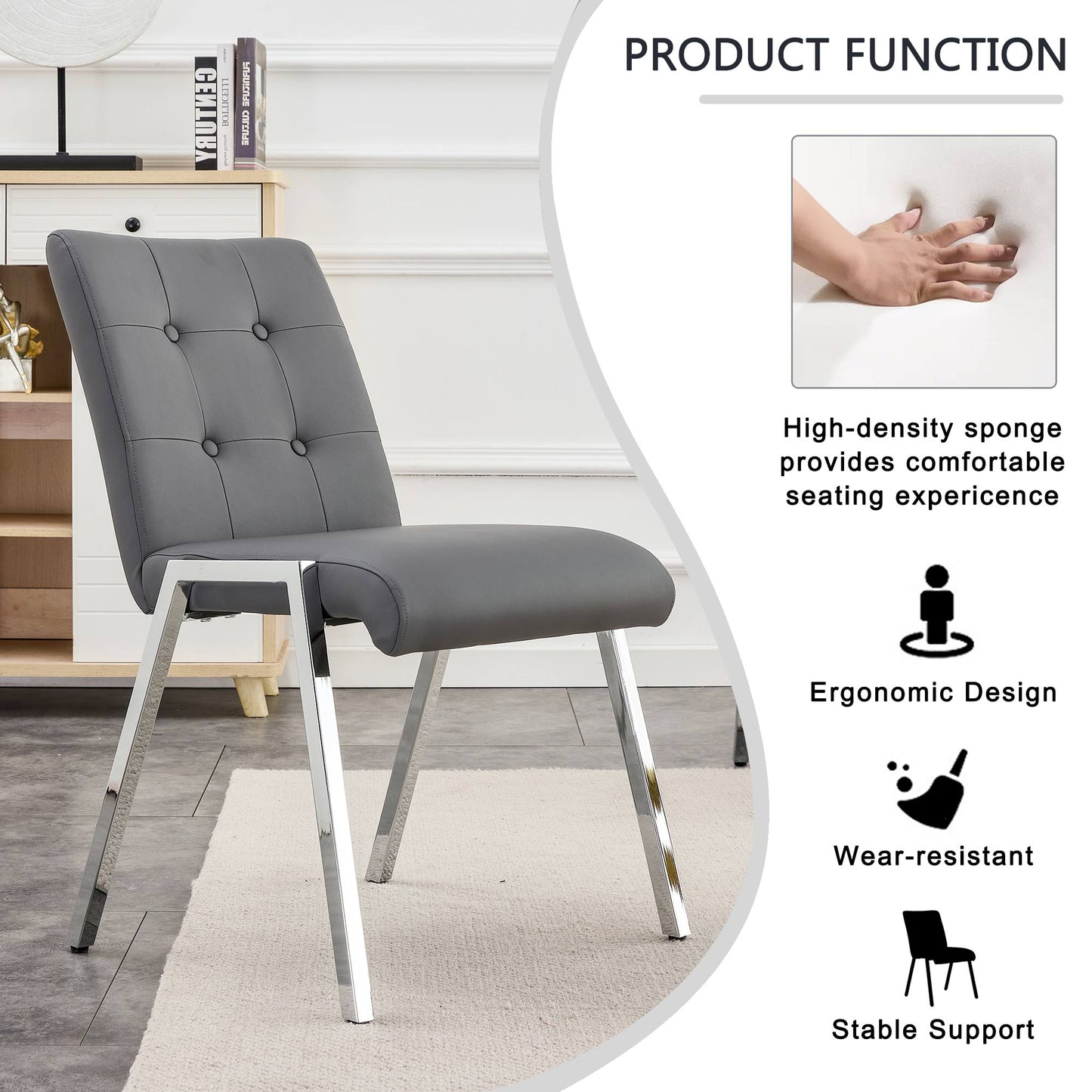 2 pcs Grid Armless Faux Leather High Back Upholstered Padded Dining Chairs- Grey_12