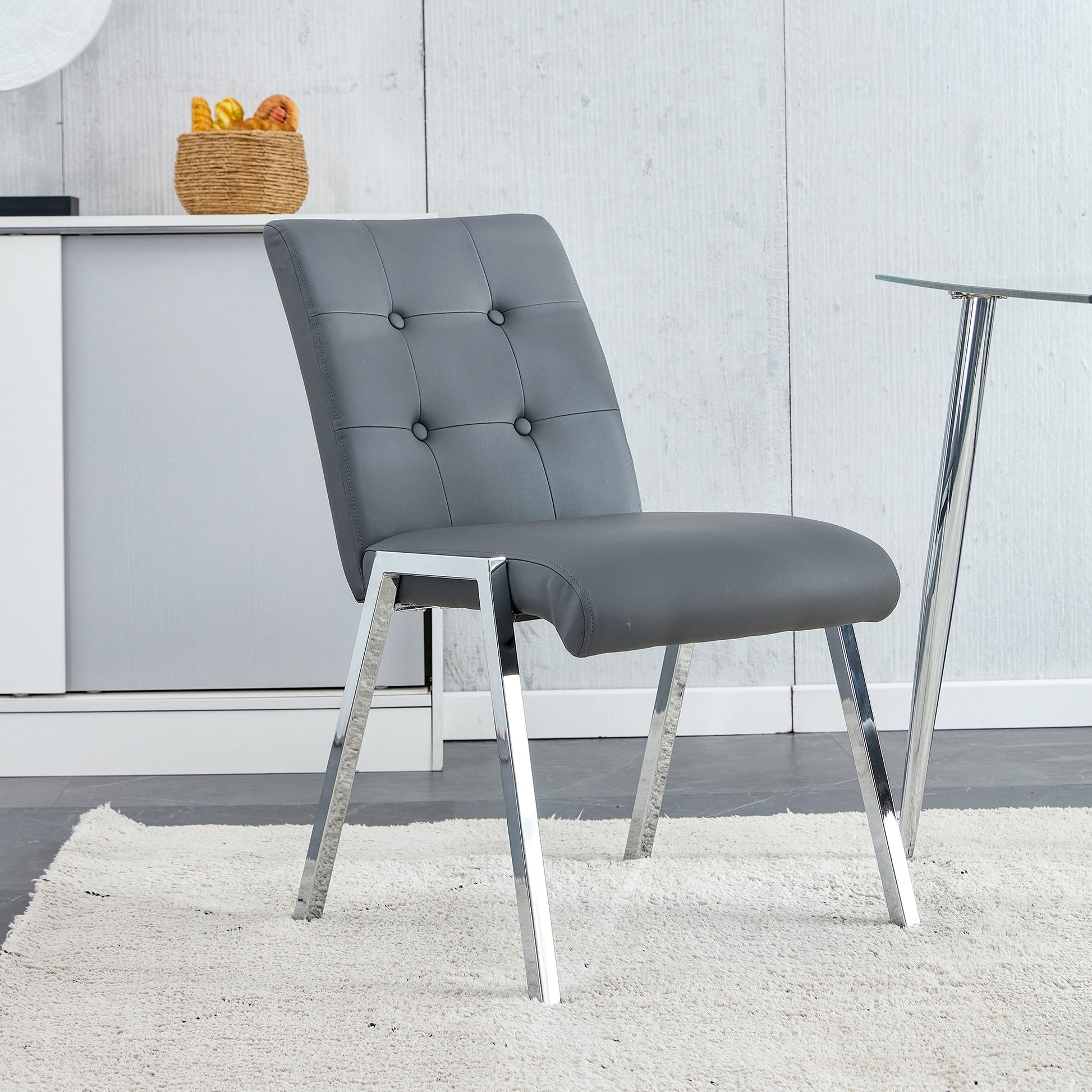 2 pcs Grid Armless Faux Leather High Back Upholstered Padded Dining Chairs- Grey_3