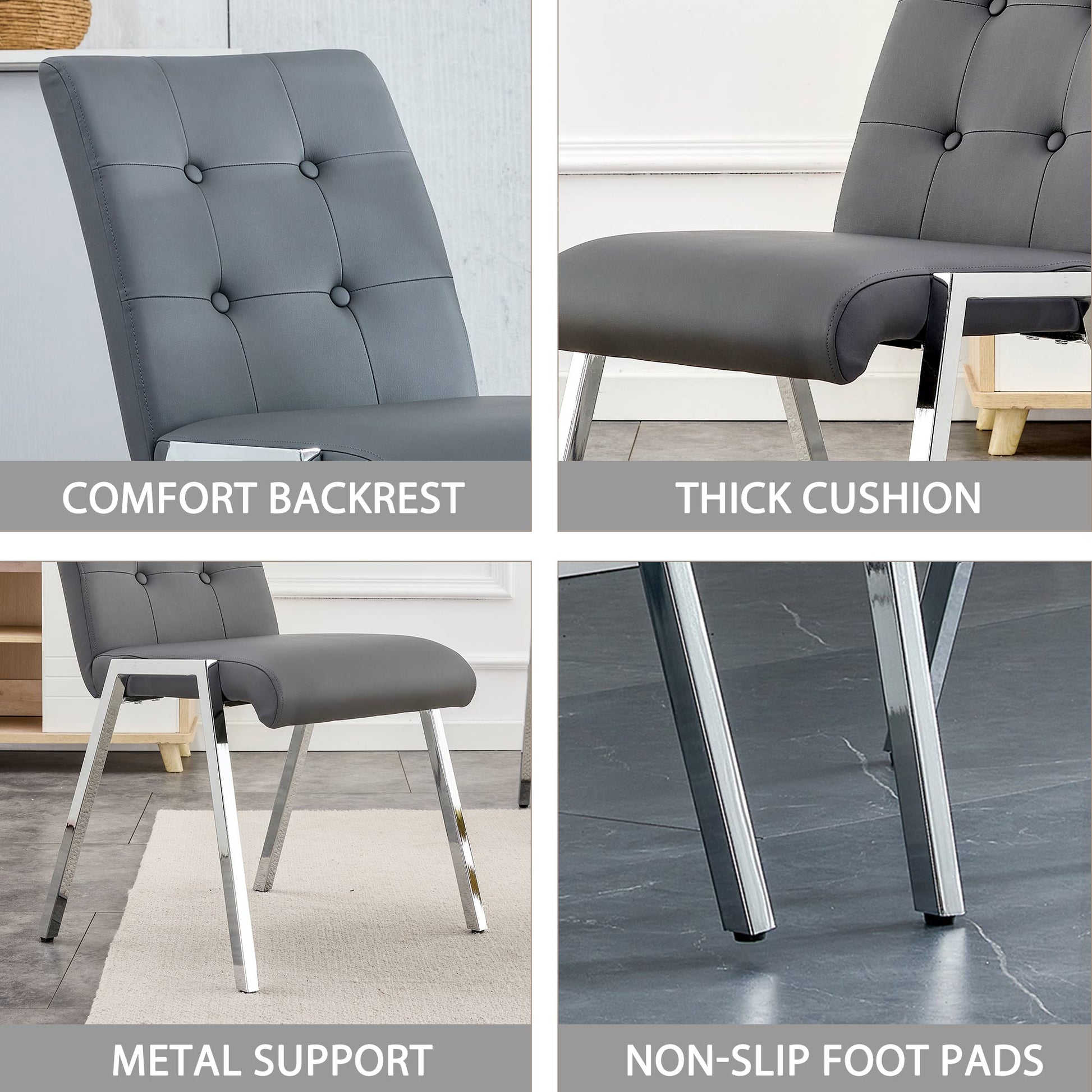 2 pcs Grid Armless Faux Leather High Back Upholstered Padded Dining Chairs- Grey_10