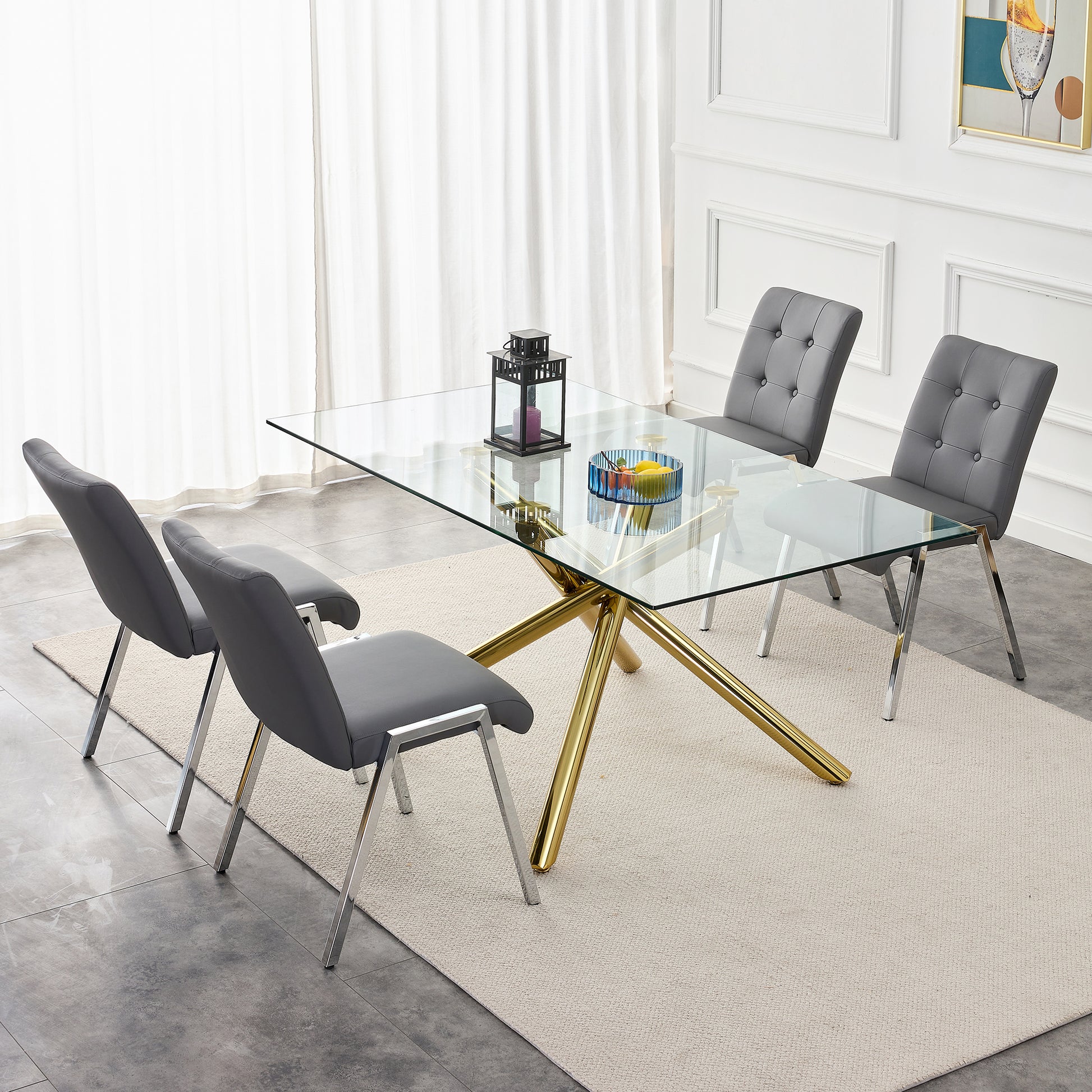 2 pcs Grid Armless Faux Leather High Back Upholstered Padded Dining Chairs- Grey_6
