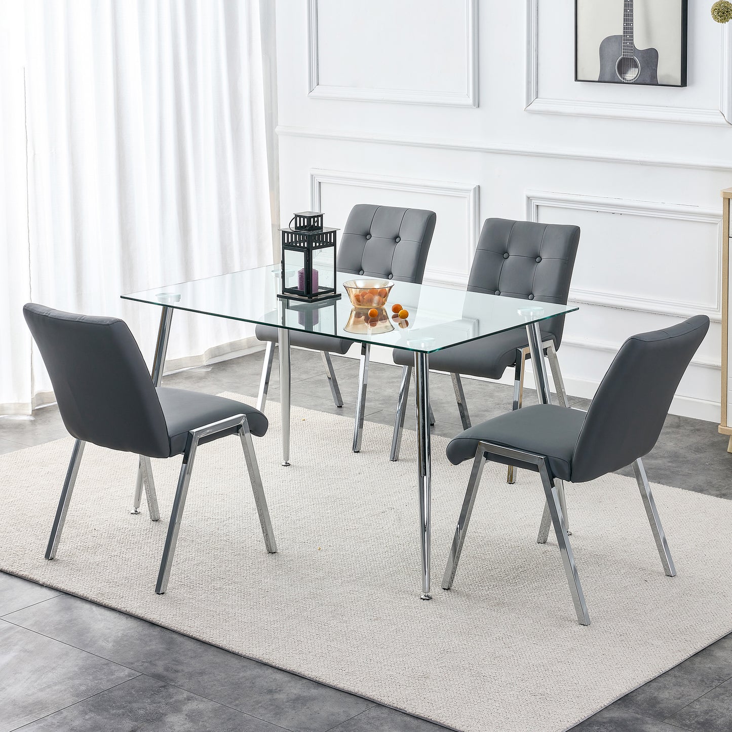 2 pcs Grid Armless Faux Leather High Back Upholstered Padded Dining Chairs- Grey_8