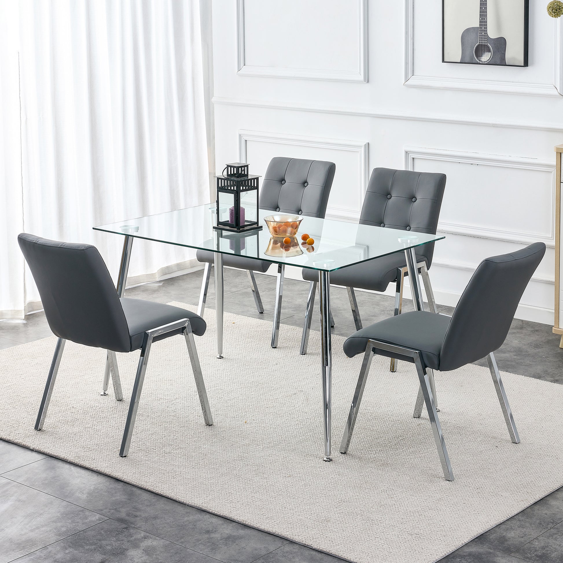 2 pcs Grid Armless Faux Leather High Back Upholstered Padded Dining Chairs- Grey_8