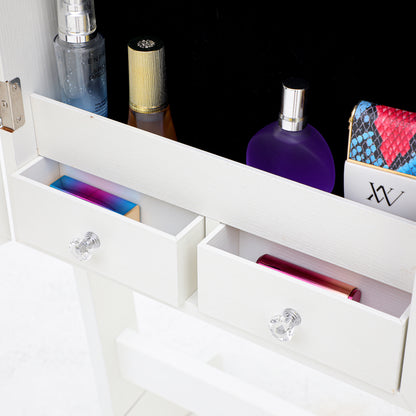 Full Sized Body Mirror and Jewelry Cabinet Storage with LED Lights and Stand in White_4