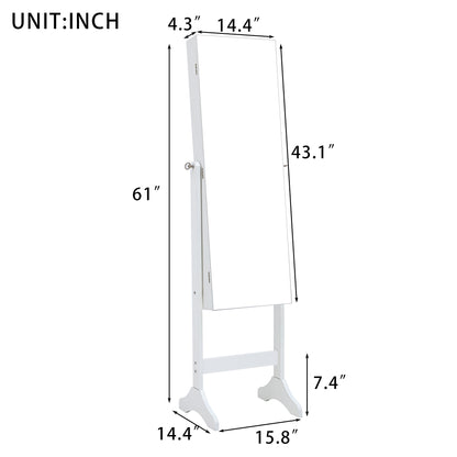 Full Sized Body Mirror and Jewelry Cabinet Storage with LED Lights and Stand in White_2