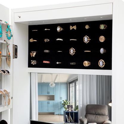Full Sized Body Mirror and Jewelry Cabinet Storage with LED Lights and Stand in White_7