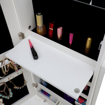 Full Sized Body Mirror and Jewelry Cabinet Storage with LED Lights and Stand in White_8