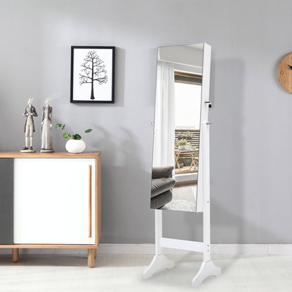 Full Sized Body Mirror and Jewelry Cabinet Storage with LED Lights and Stand in White_6