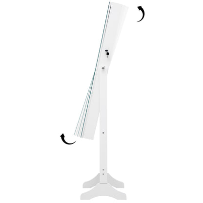 Full Sized Body Mirror and Jewelry Cabinet Storage with LED Lights and Stand in White_5