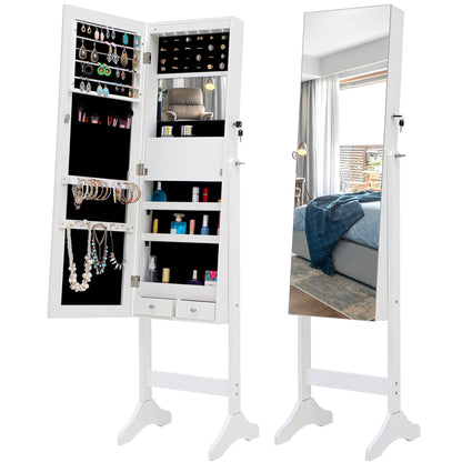 Full Sized Body Mirror and Jewelry Cabinet Storage with LED Lights and Stand in White_0