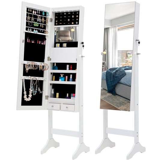 Full Sized Body Mirror and Jewelry Cabinet Storage with LED Lights and Stand in White_0