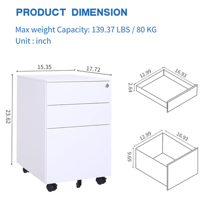 3 Drawers Under the Desk Office File Folder Cabinet with Rolling Wheels and Lock- White_4