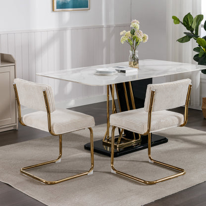 Set of 2 Modern Dining Chairs in Corduroy Fabric with Gold Metal Base- Beige_13