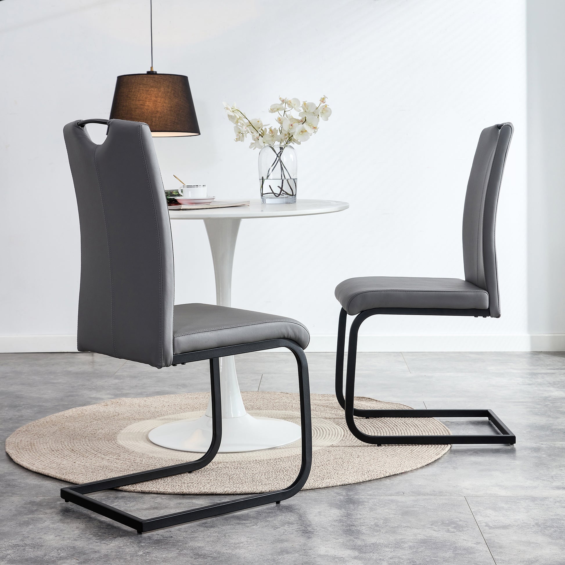 2 pcs Modern Design Dining Kitchen Chair PU Leather with Metal Legs- Grey_1