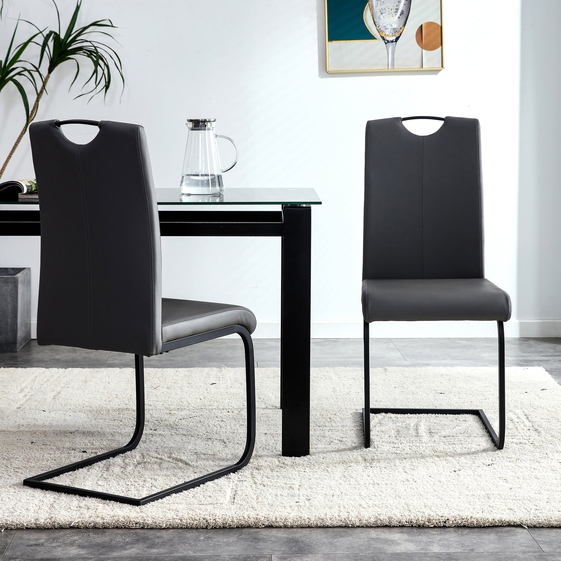 2 pcs Modern Design Dining Kitchen Chair PU Leather with Metal Legs- Black_2