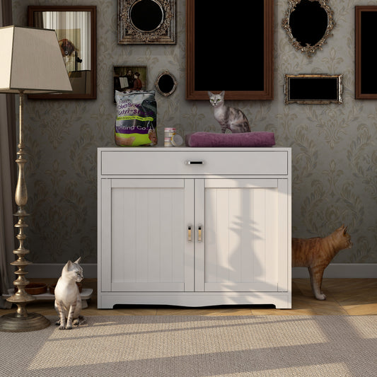 2 Doors Hidden Cat Enclosure Box Furniture Side Table with Hidden Plug- White_0