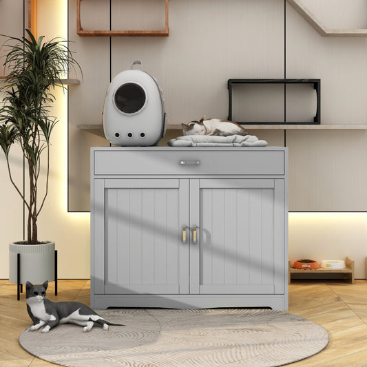 2 Doors Hidden Cat Enclosure Box Furniture Side Table with Hidden Plug- Grey_0