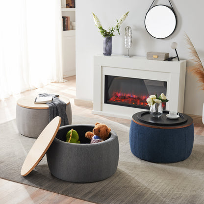 2 in 1 Round Storage Organizer and Foot Stool with Wooden Lid- Navy_6