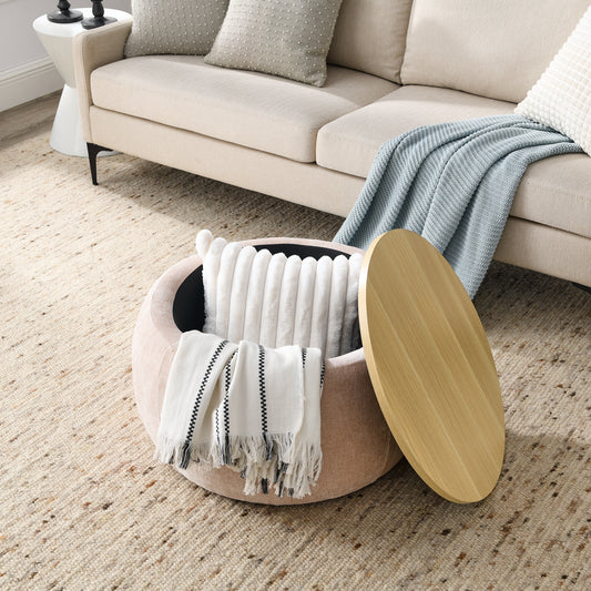 2 in 1 Round Storage Organizer and Foot Stool with Wooden Lid- Pink_0