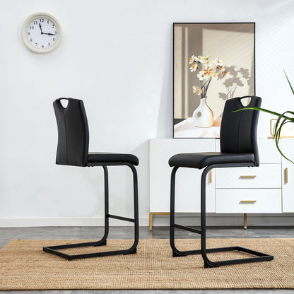 Set of 2 PU Faux Leather Upholstered High Bar Stool Chair with Back Rest- Black_2