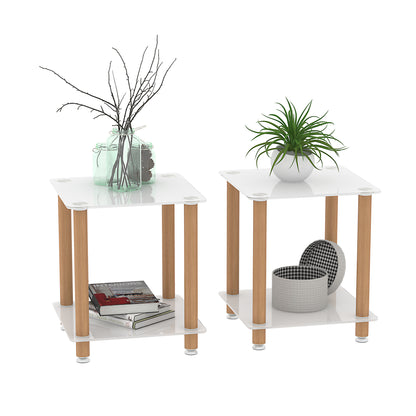 2-Tier End Table Modern Night Stand Side Table with Storage Shelve- White+Oak, 2 pcs_1