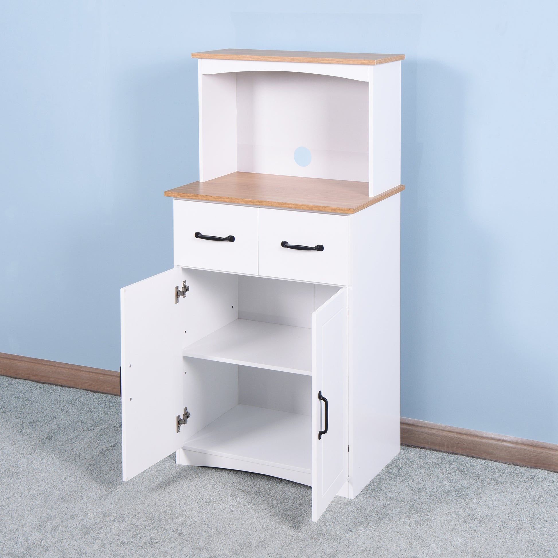 Wooden Kitchen Pantry Storage Microwave Cabinet with Storage Drawer- White_7