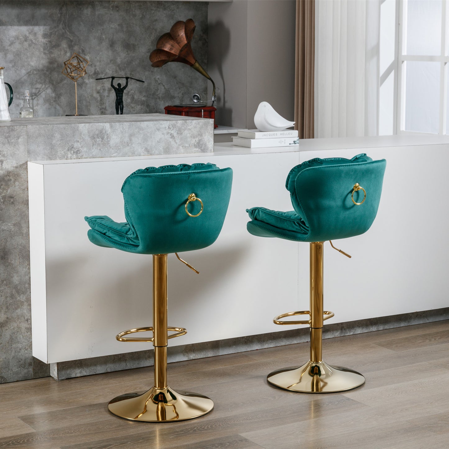 Swivel Bar Stools Set of 2 Counter Height Adjustable Velvet Upholstery- Green_17