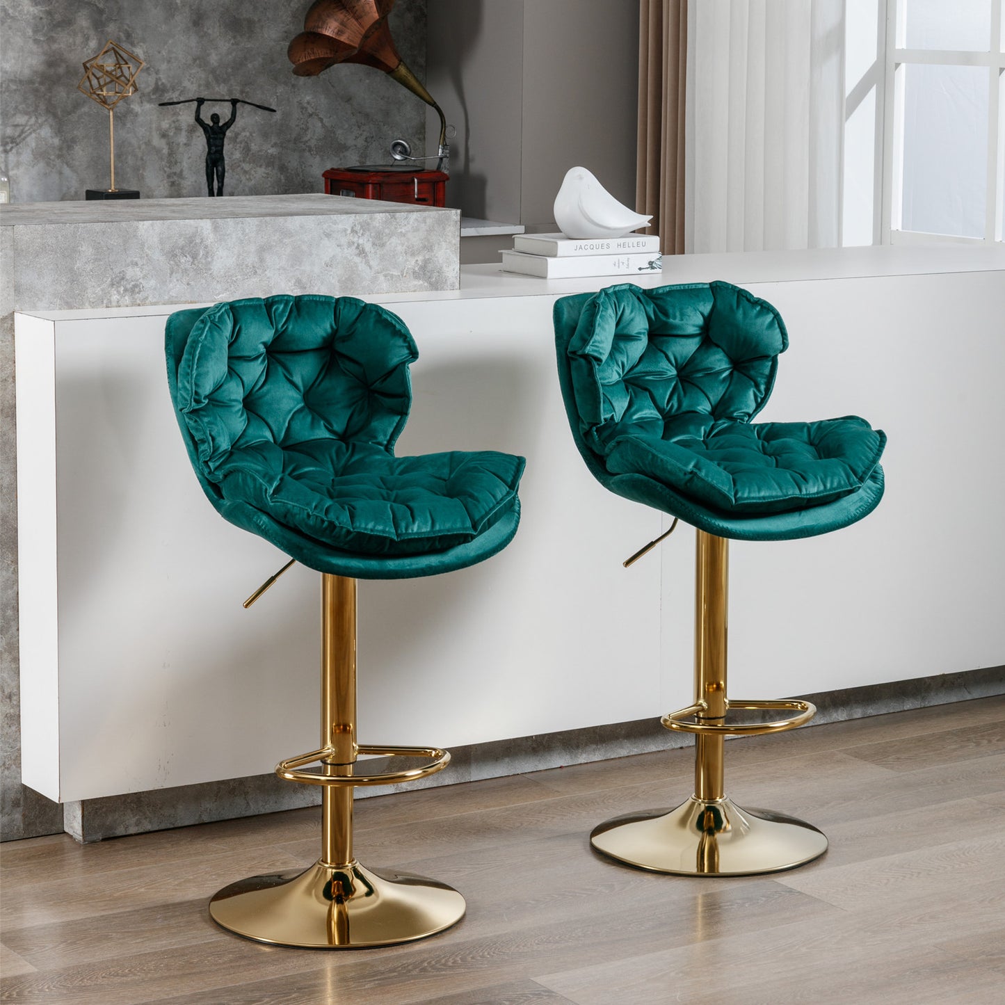 Swivel Bar Stools Set of 2 Counter Height Adjustable Velvet Upholstery- Green_13