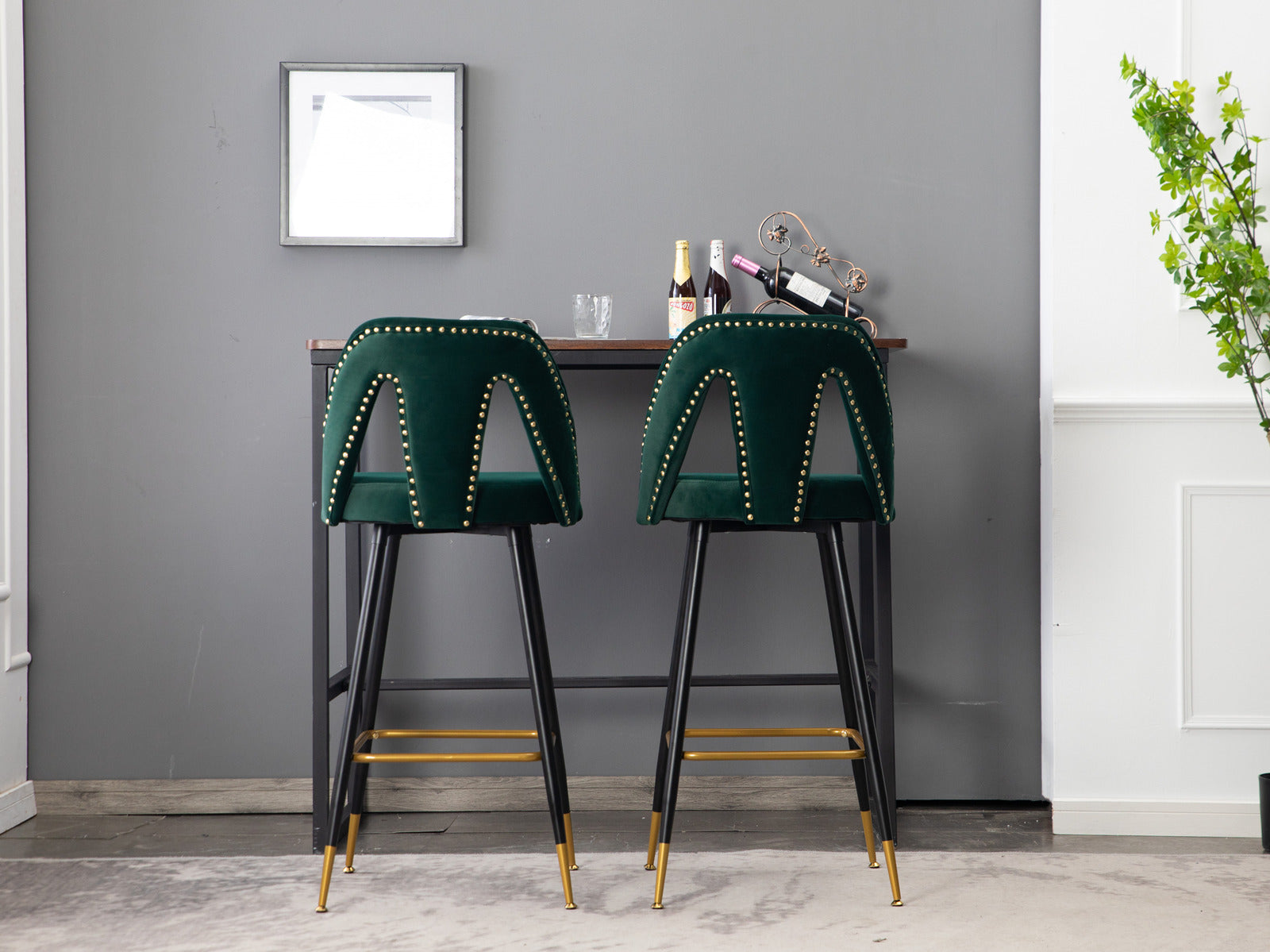 2pcs Gold Accent Swivel Bar Stools Velvet Upholstery with Nailheads - Green_2