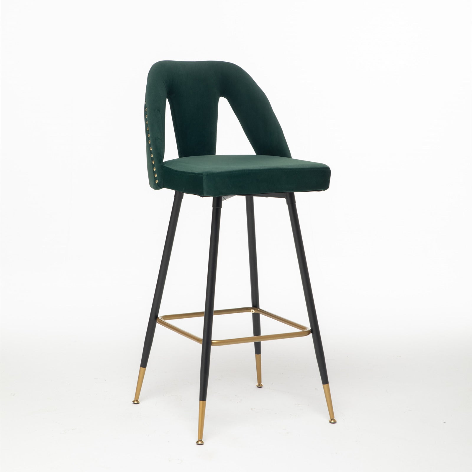 2pcs Gold Accent Swivel Bar Stools Velvet Upholstery with Nailheads - Green_6
