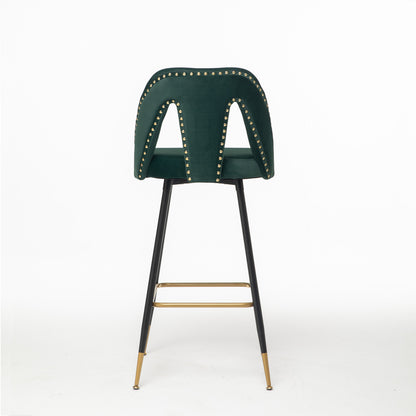 2pcs Gold Accent Swivel Bar Stools Velvet Upholstery with Nailheads - Green_11