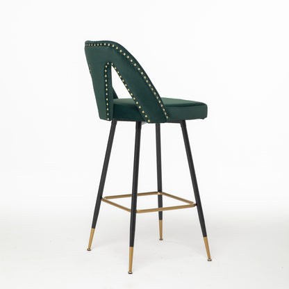 2pcs Gold Accent Swivel Bar Stools Velvet Upholstery with Nailheads - Green_9