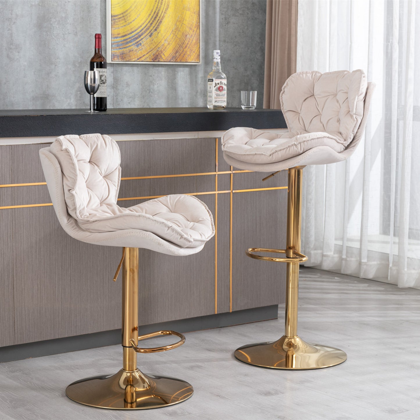 Swivel Bar Stools Set of 2 Counter Height Adjustable Velvet Upholstery- Beige_14
