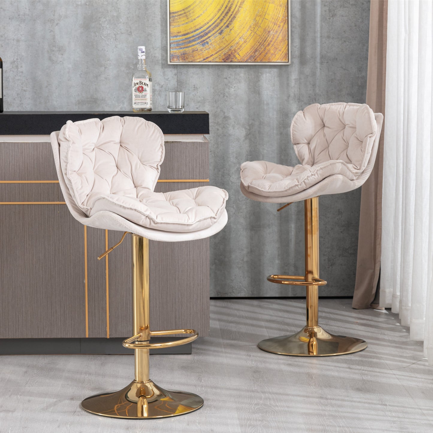 Swivel Bar Stools Set of 2 Counter Height Adjustable Velvet Upholstery- Beige_16