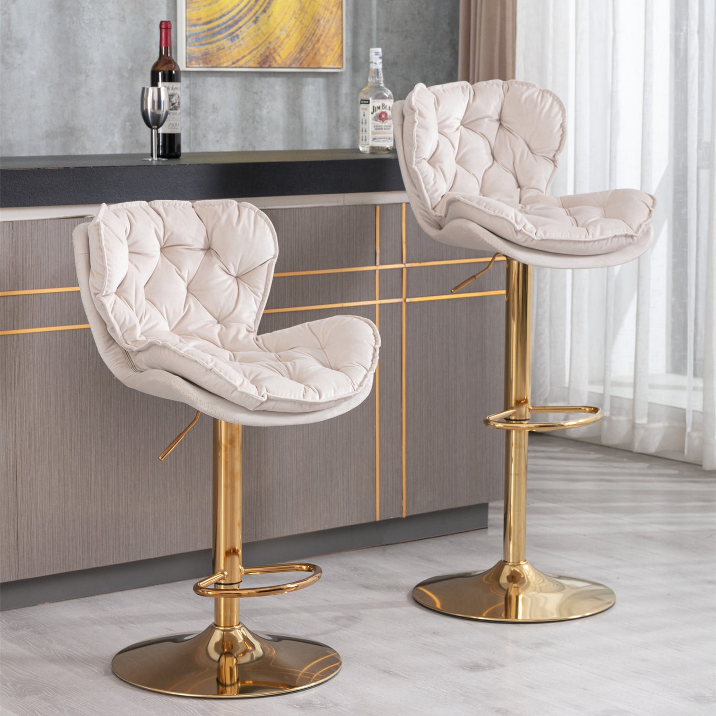 Swivel Bar Stools Set of 2 Counter Height Adjustable Velvet Upholstery- Beige_15