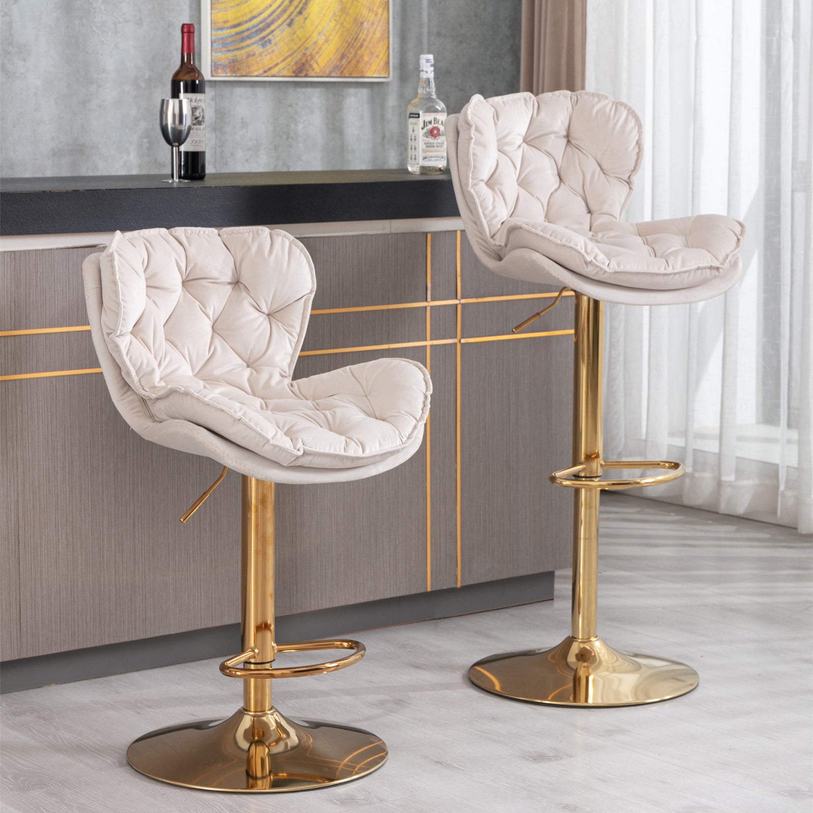 Swivel Bar Stools Set of 2 Counter Height Adjustable Velvet Upholstery- Beige_15
