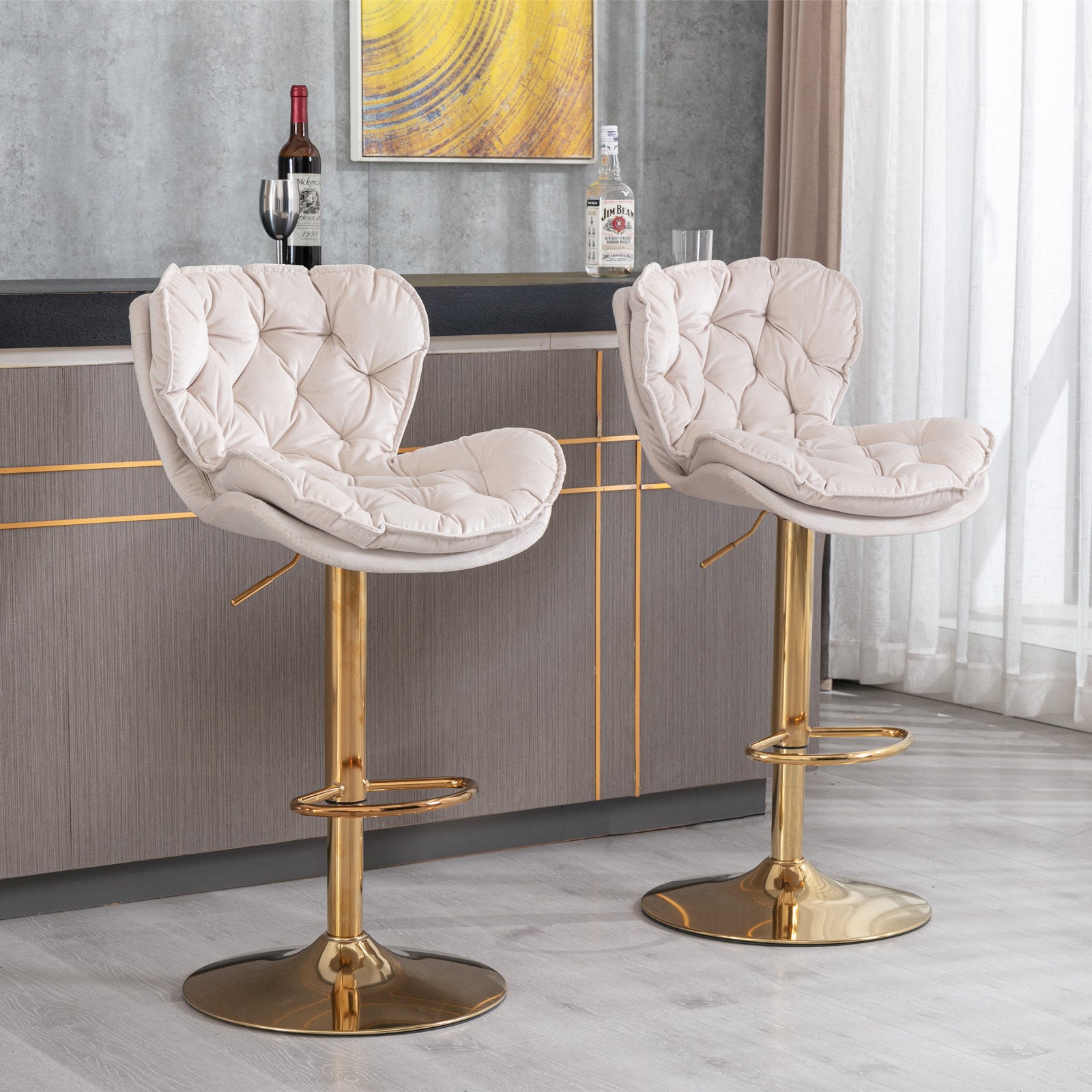 Swivel Bar Stools Set of 2 Counter Height Adjustable Velvet Upholstery- Beige_13