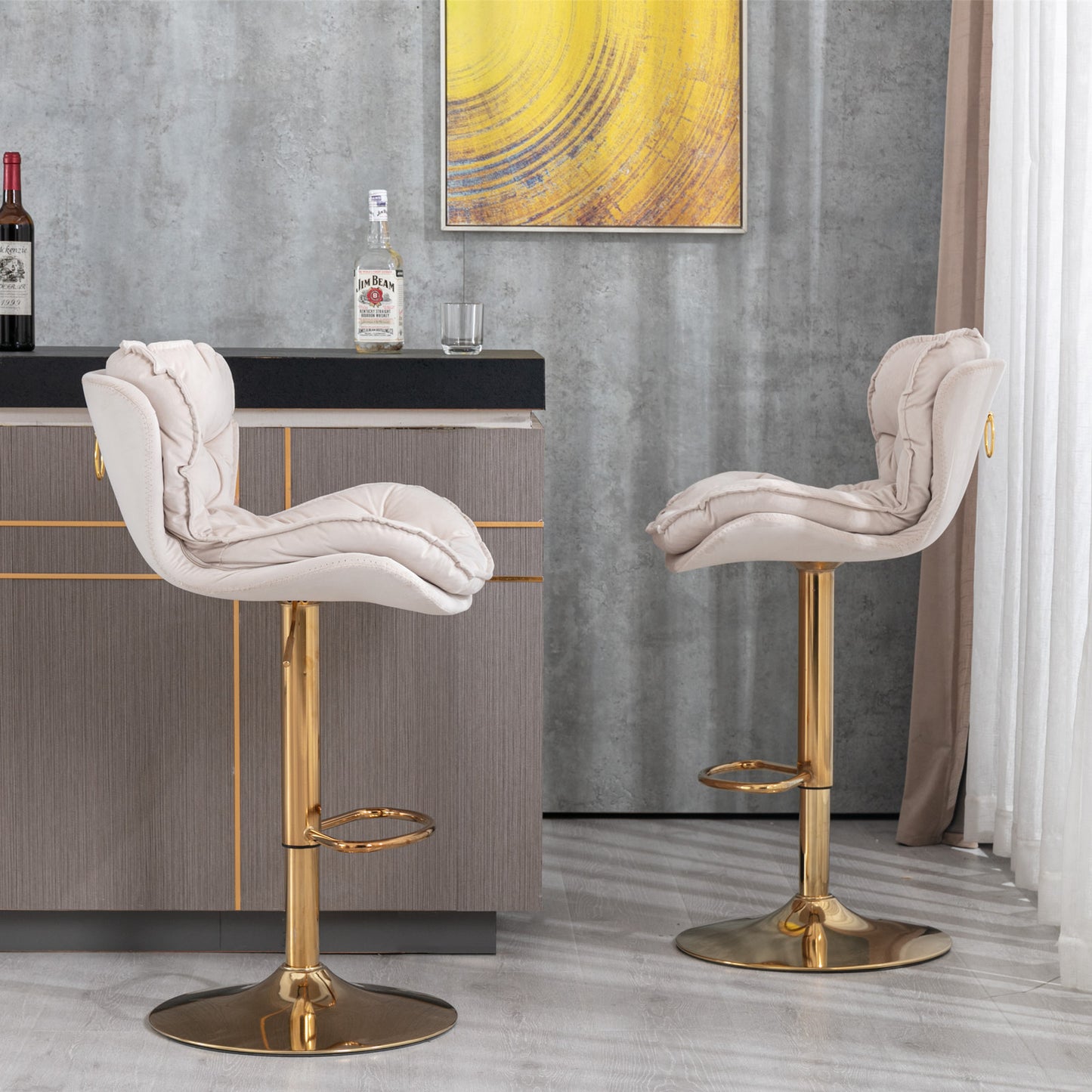 Swivel Bar Stools Set of 2 Counter Height Adjustable Velvet Upholstery- Beige_17