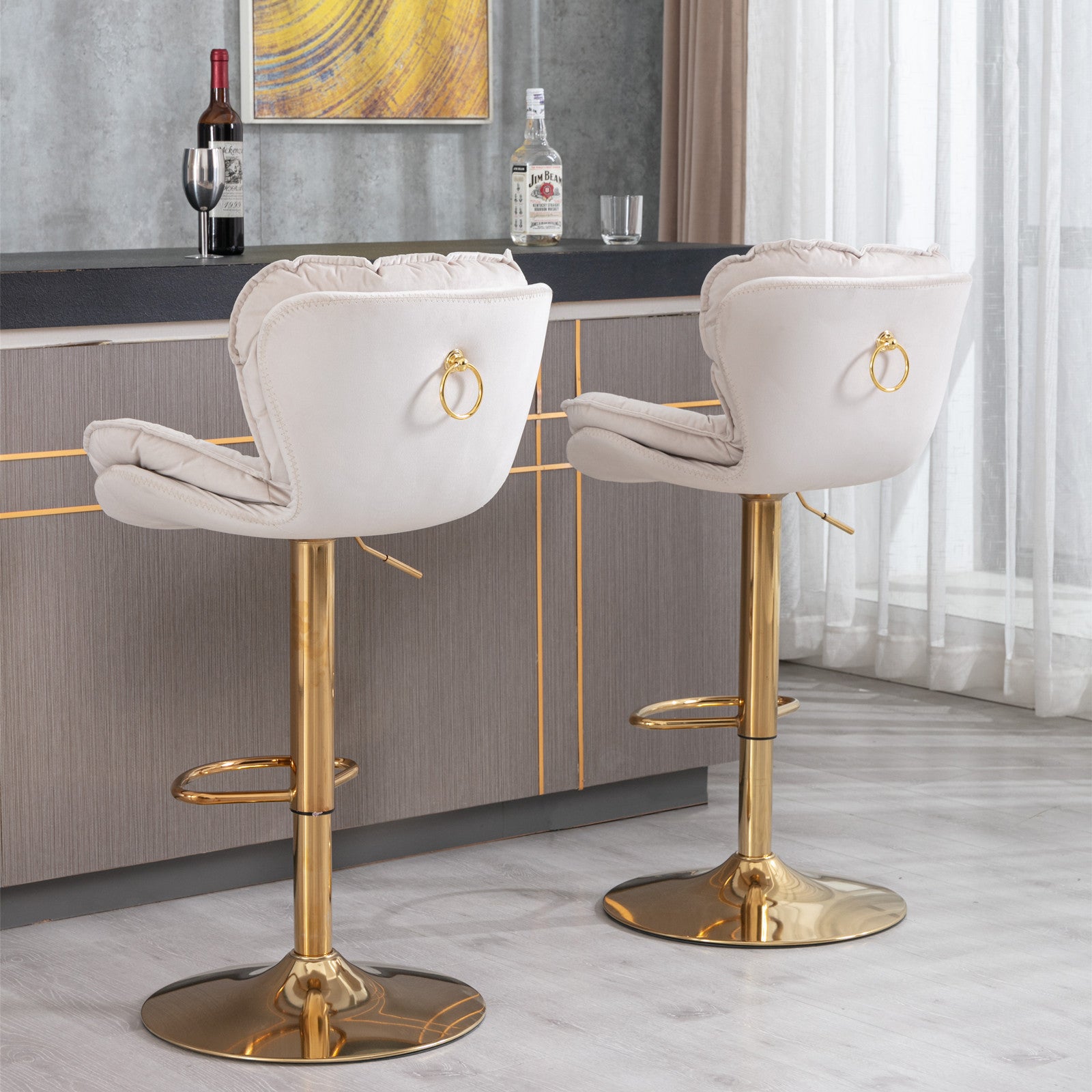 Swivel Bar Stools Set of 2 Counter Height Adjustable Velvet Upholstery- Beige_18