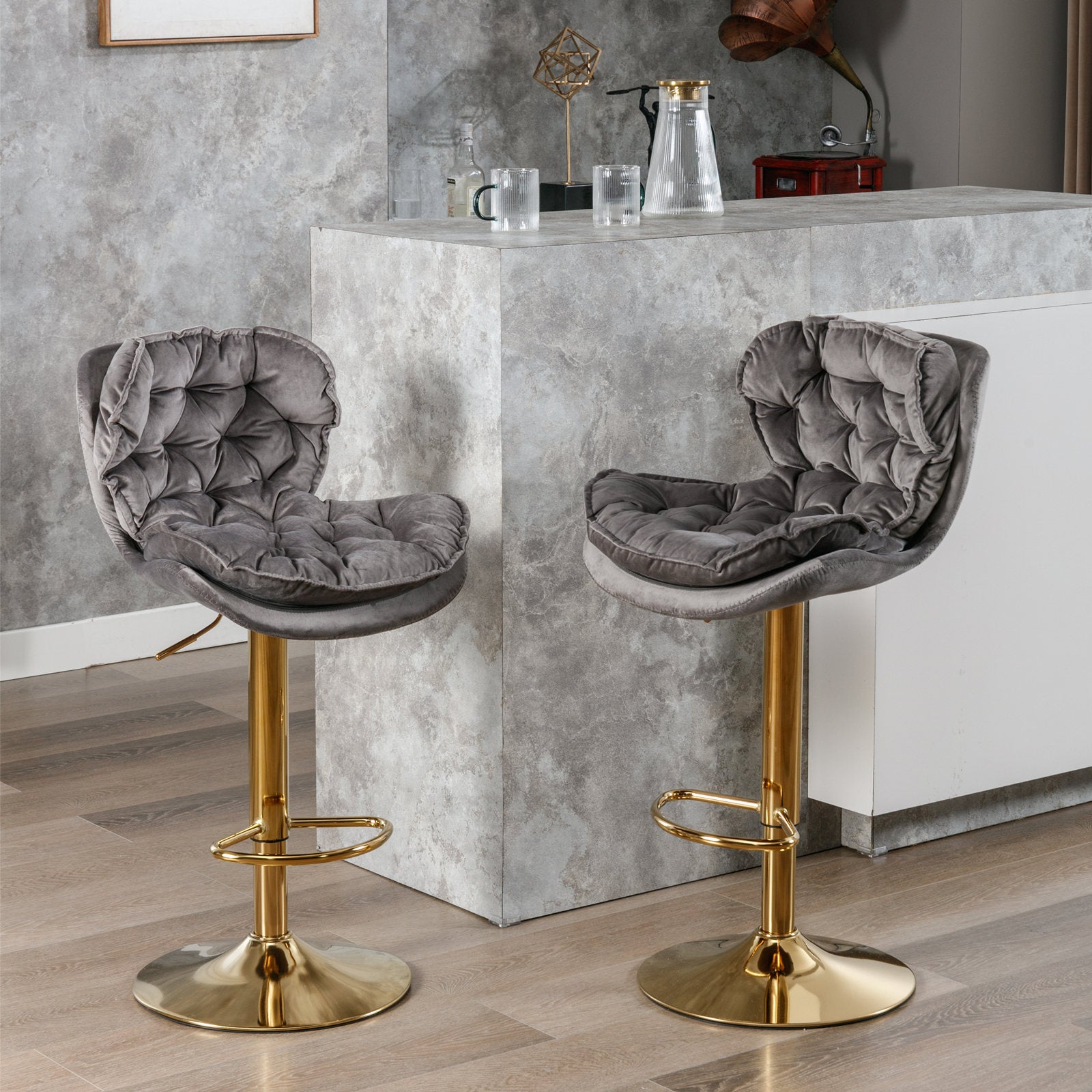 Swivel Bar Stools Set of 2 Counter Height Adjustable Velvet Upholstery- Grey_17