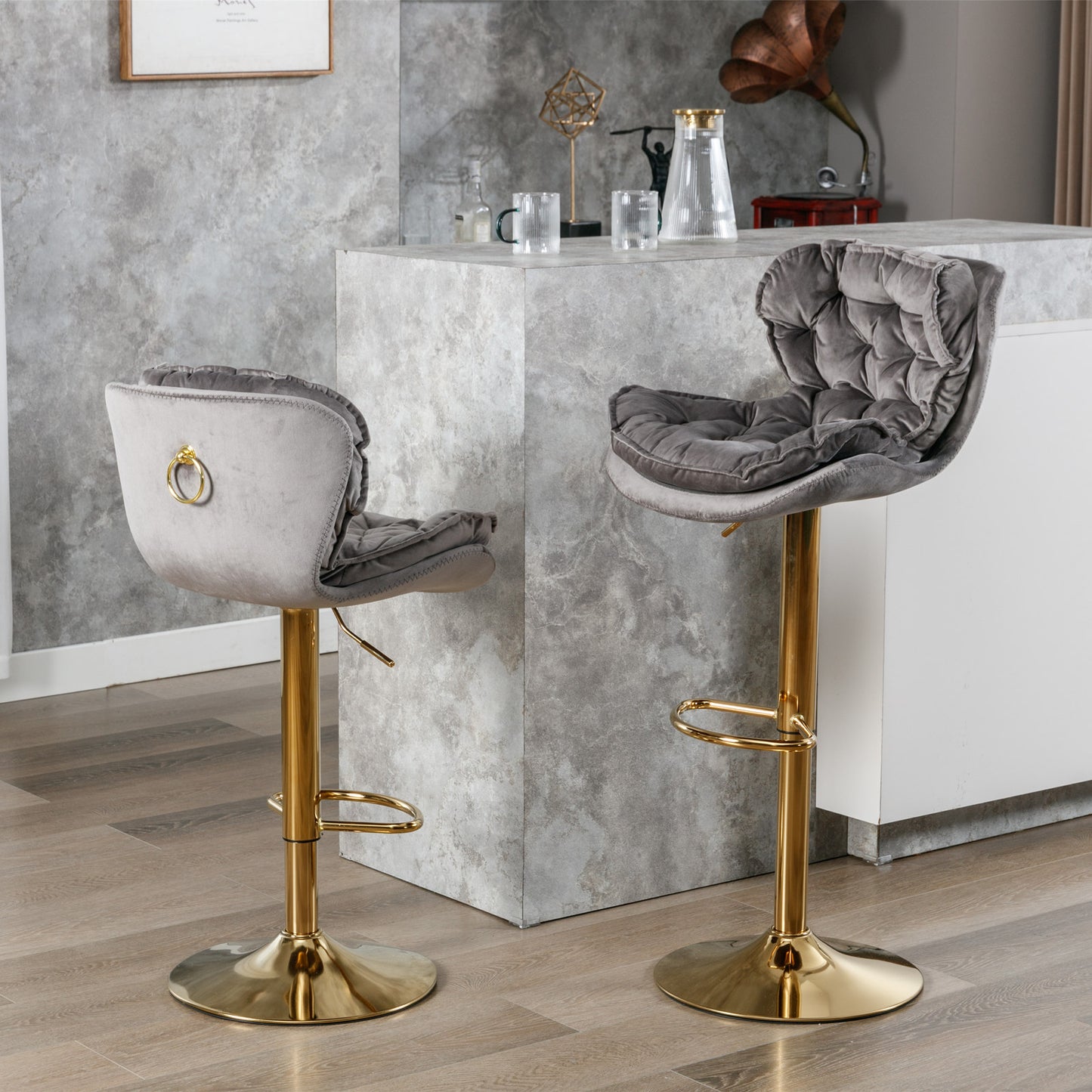 Swivel Bar Stools Set of 2 Counter Height Adjustable Velvet Upholstery- Grey_1