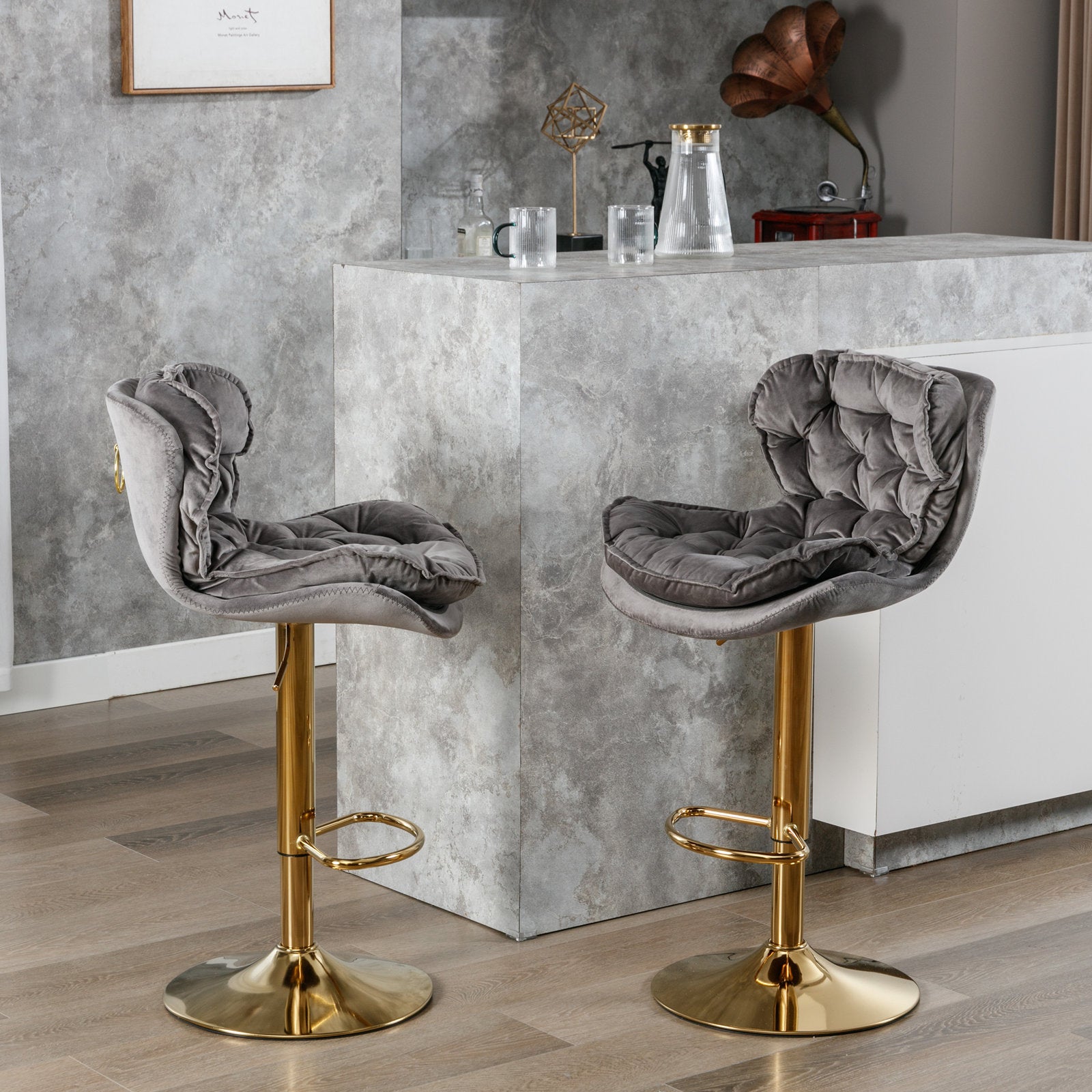Swivel Bar Stools Set of 2 Counter Height Adjustable Velvet Upholstery- Grey_18