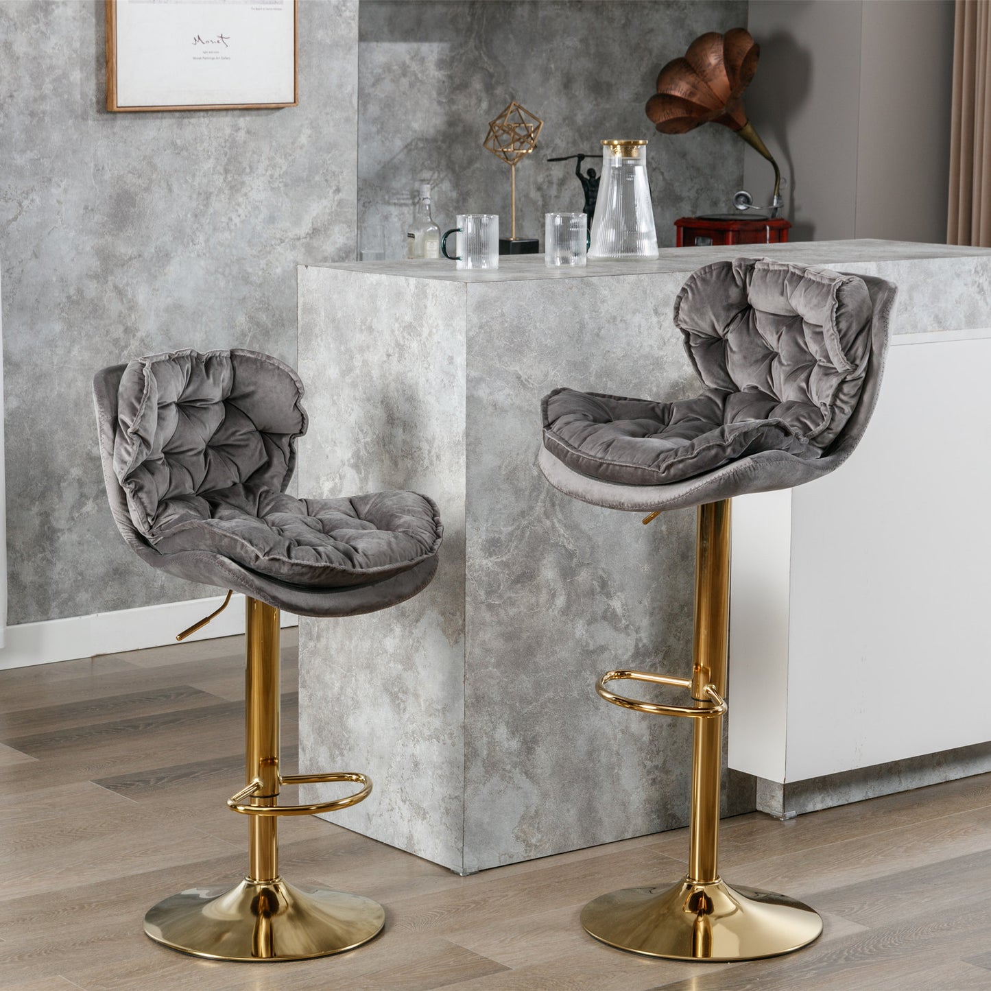 Swivel Bar Stools Set of 2 Counter Height Adjustable Velvet Upholstery- Grey_15