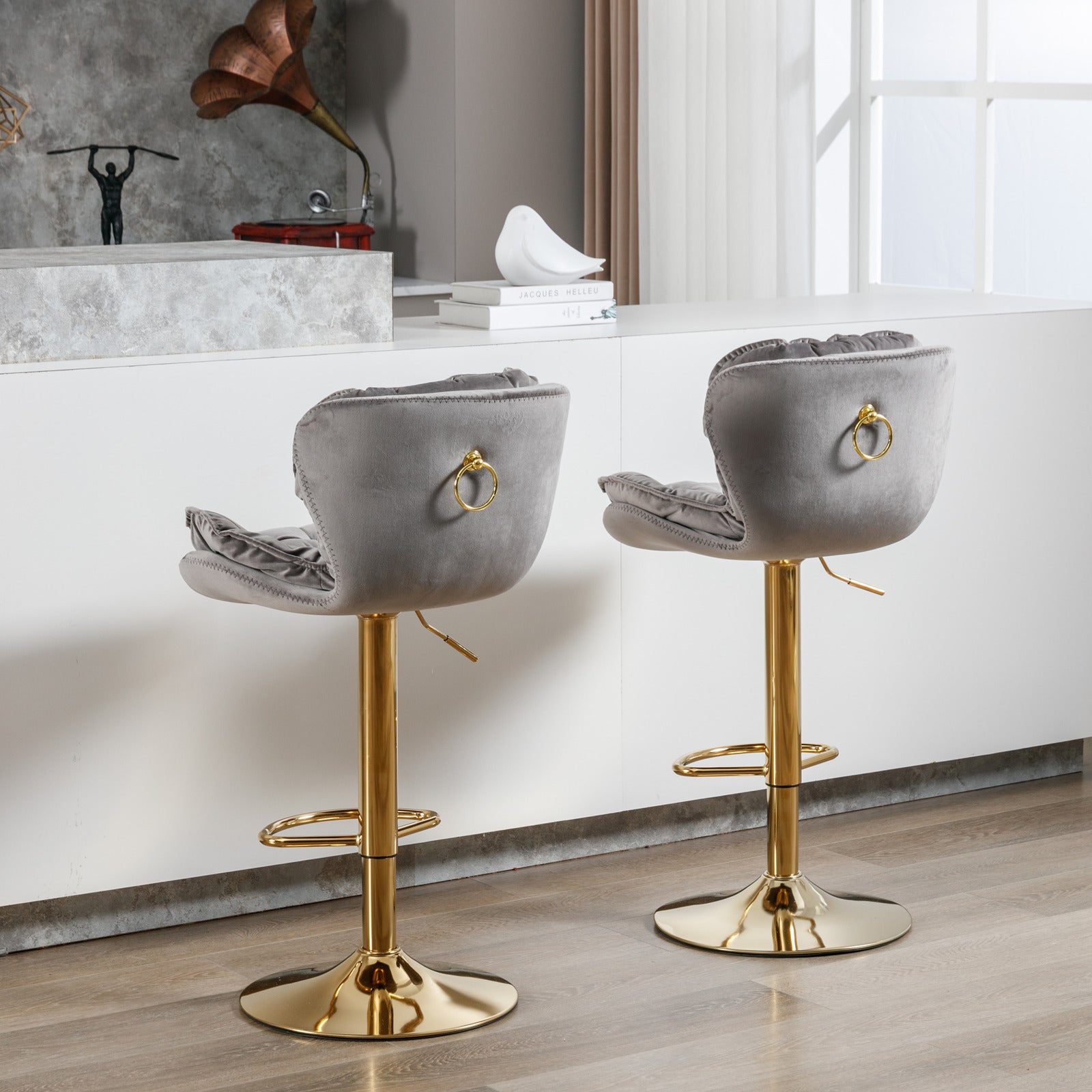 Swivel Bar Stools Set of 2 Counter Height Adjustable Velvet Upholstery- Grey_16