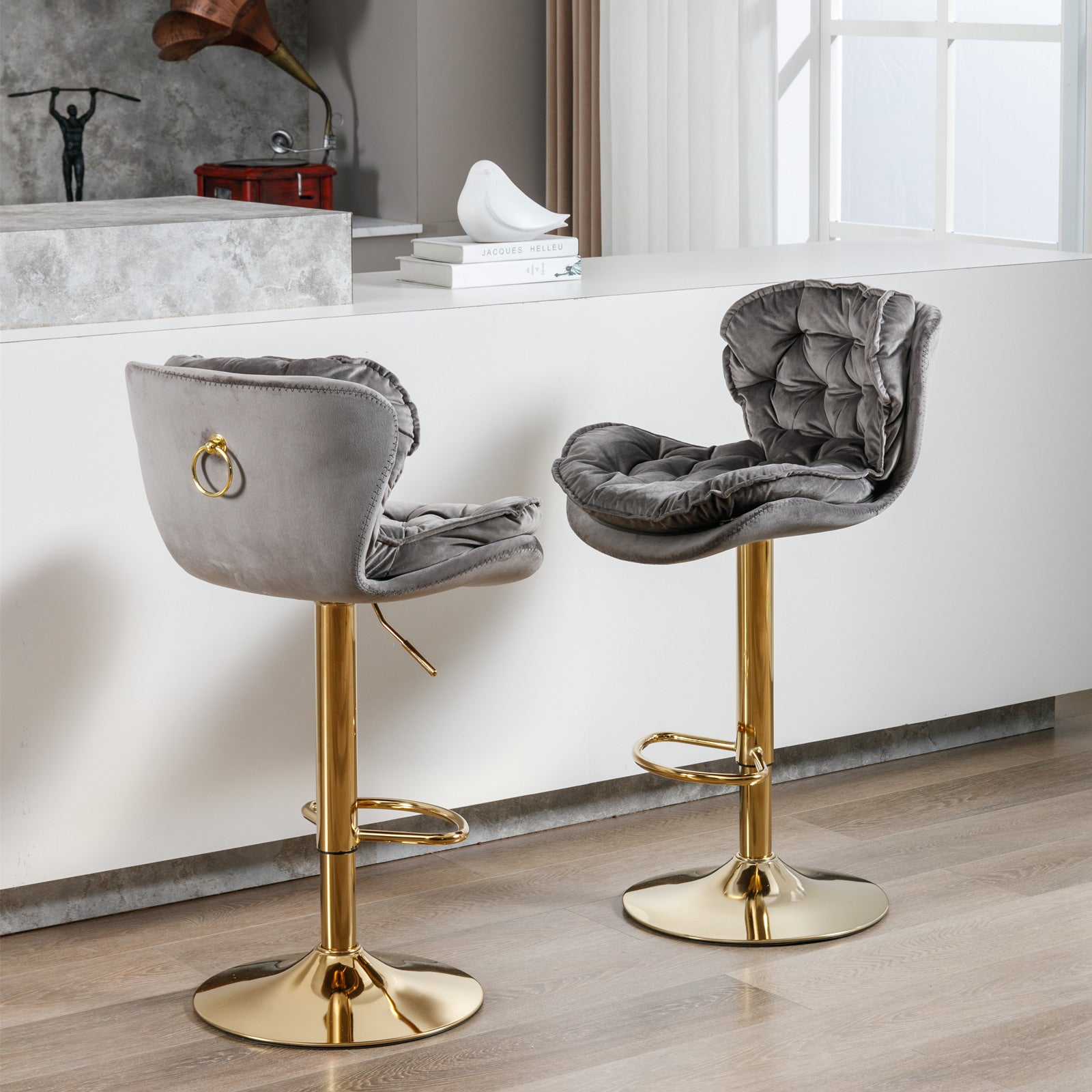 Swivel Bar Stools Set of 2 Counter Height Adjustable Velvet Upholstery- Grey_14