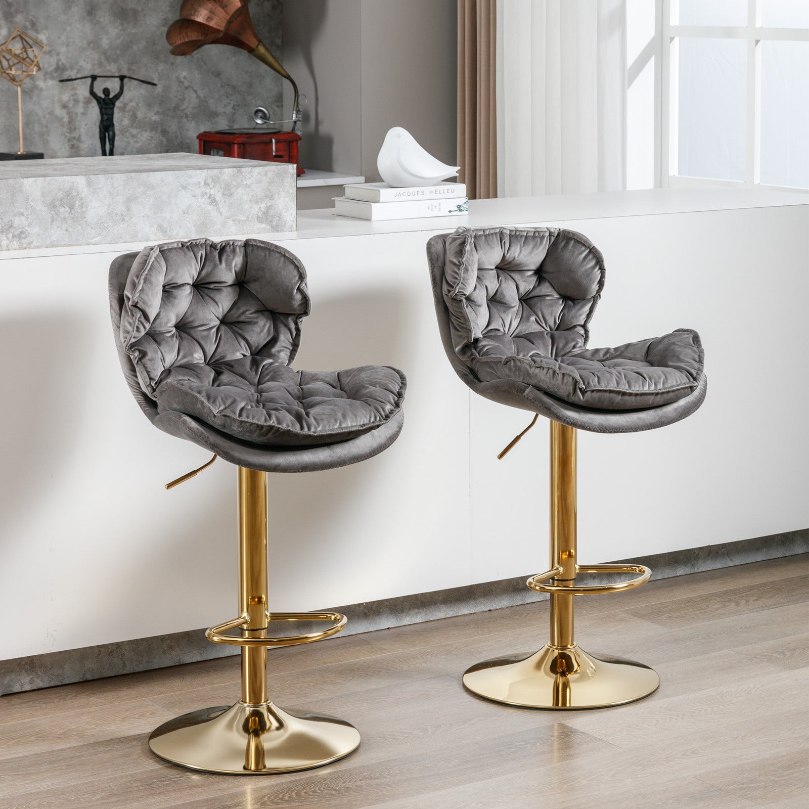 Swivel Bar Stools Set of 2 Counter Height Adjustable Velvet Upholstery- Grey_13