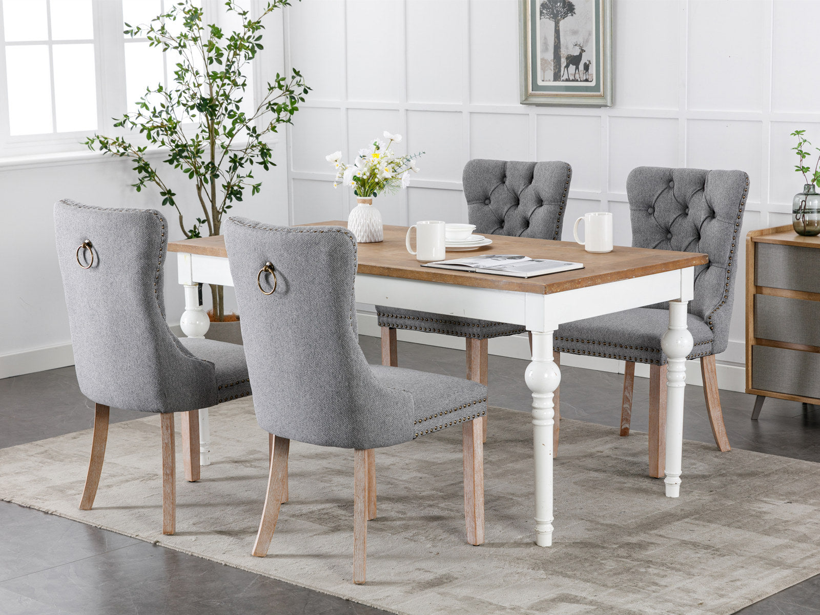 2 pcs Solid Wood High-End Tufted Contemporary Linen Chair with Wooden Legs- Gray_7