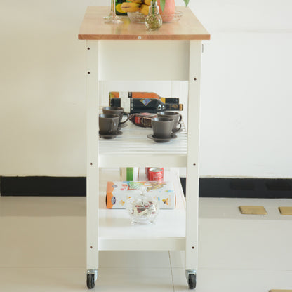 Rubber Wood Top Simple Design Mobile Kitchen Island with Two Lockable Wheels- White_3