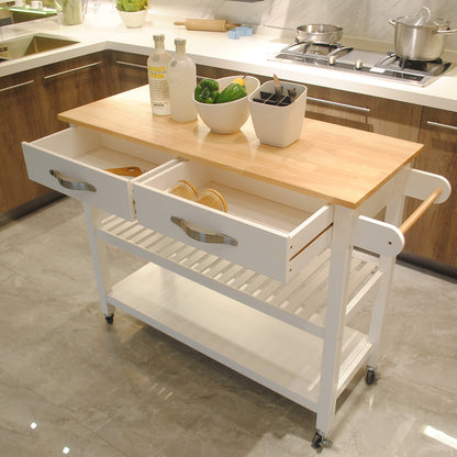 Rubber Wood Top Simple Design Mobile Kitchen Island with Two Lockable Wheels- White_24