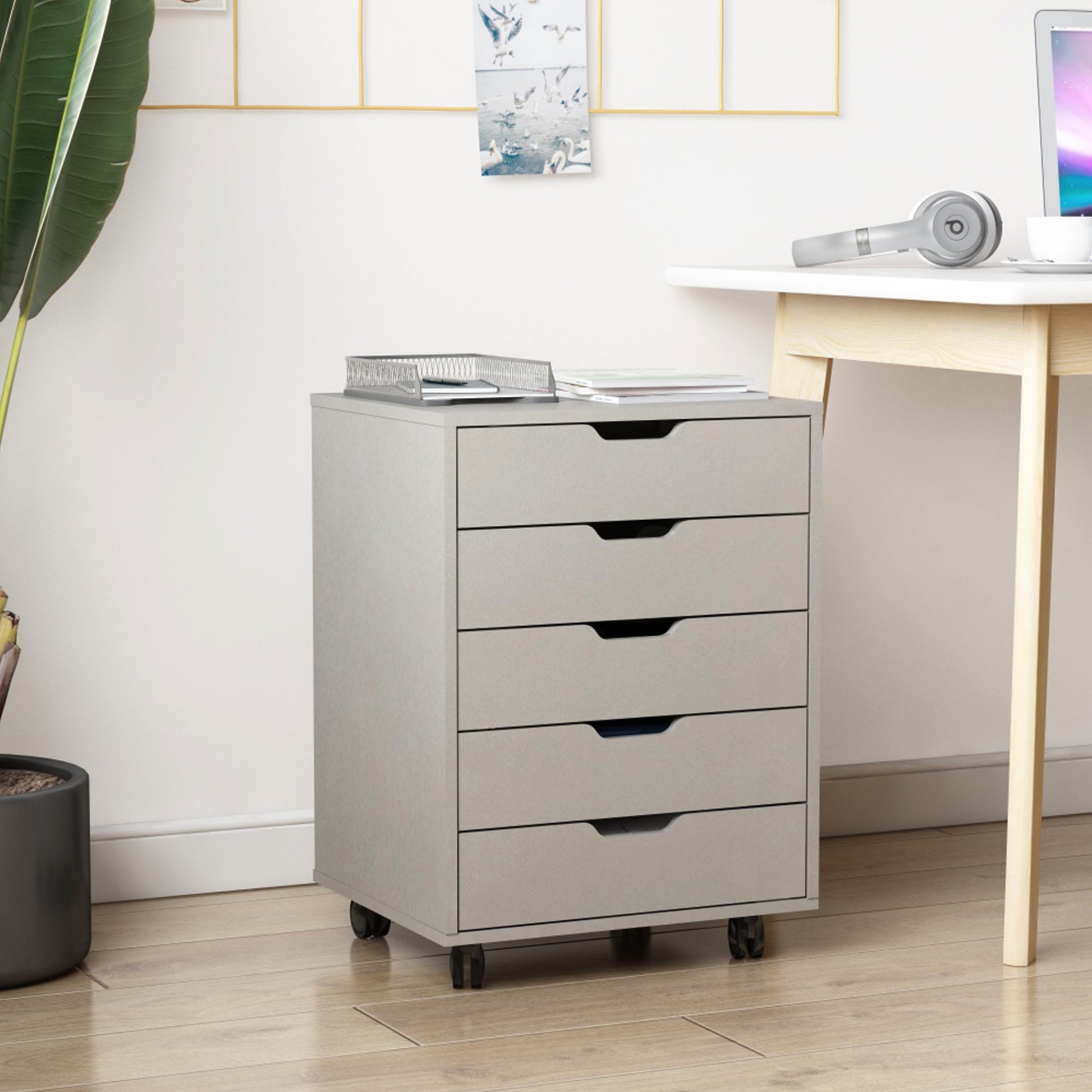 5 Drawers Small Rolling Office File Cabinet Organizer Printer Rack- White+Gray_12