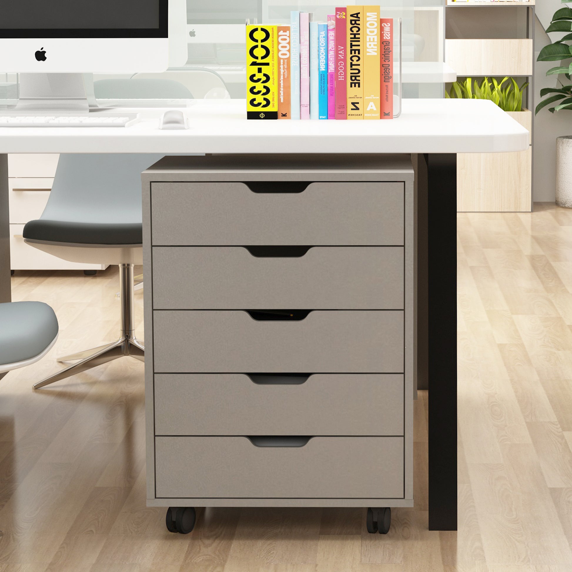 5 Drawers Small Rolling Office File Cabinet Organizer Printer Rack- White+Gray_1